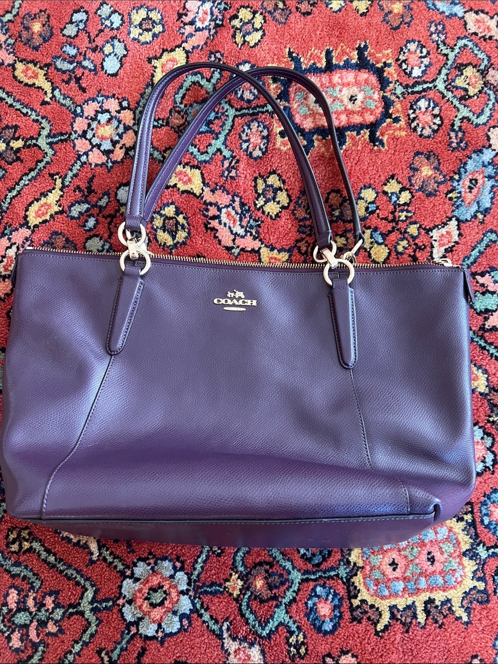 Coach Plum Leather Double-Handle Tote with Gold Hardware